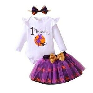 3-6M My 1st Halloween Outfit Infant Baby Girl Long Sleeve Romper Skirt Hair Bow